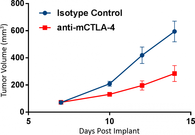 Fig. 1: CT26 cells were implanted subcutaneously into the right axilla of Balb/c mice. Dosing of n=10 animals/group was initiated when tumors were established, and tumor progression was monitored by caliper measurements. Antibody doses were administered twice weekly prior to sampling on day 14.