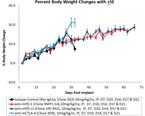 Abb. 3A: Intraperitoneale ID8-luc: Mittlere Körpergewichtsveränderung über die Zeit