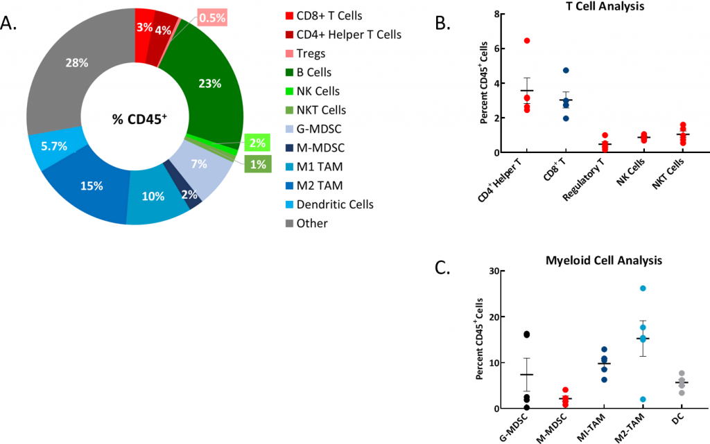 Fig. 2A: gráfico de dona representativo que muestra la distribución de las poblaciones de células inmunitarias como porcentaje de la población total de CD45+. Fig 2B: análisis de poblaciones de células T. Fig. 2C: análisis de poblaciones de células mieloides. Estudio llevado a cabo con muestras de ascitis en n=5 ratones individuales.