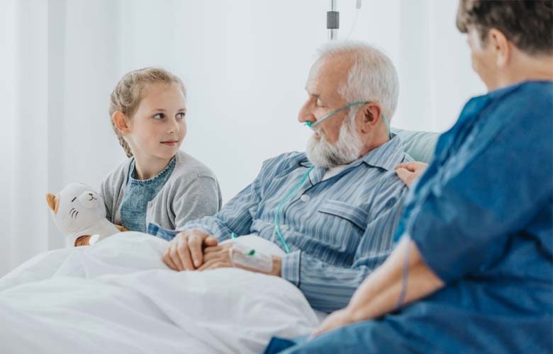 Foto de un hombre en una cama de hospital acompañado por una nieta y un médico